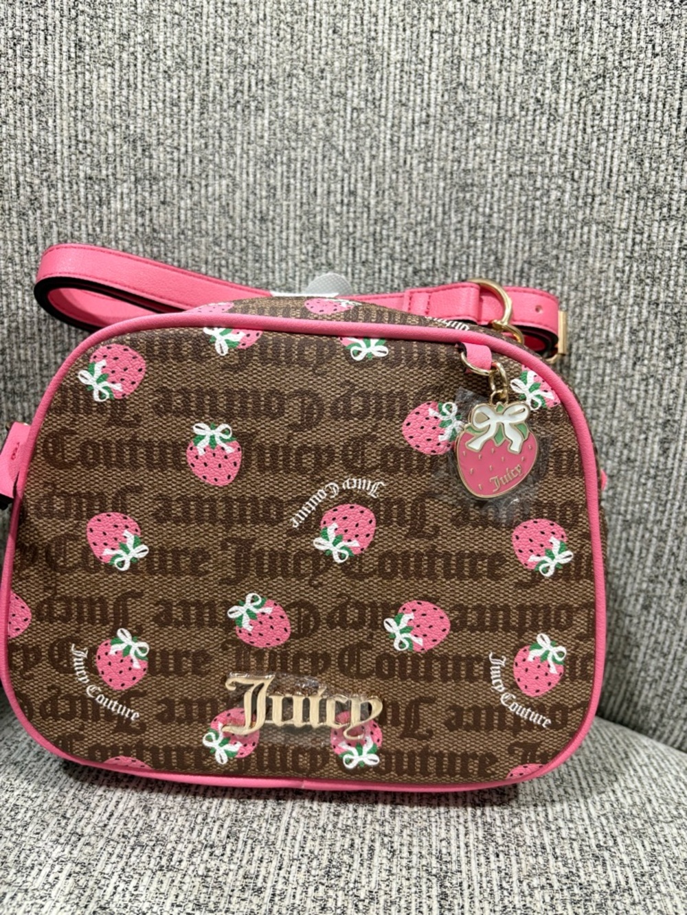 Juicy Couture Brown & Pink Strawberry Print Crossbody Bag